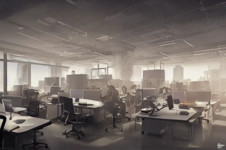 Image similar to the most amazing dream you ever had about hectic office interior, hyper realistic, ambient lighting, concept art, intricate, hyper detailed, smooth, dynamic volumetric lighting, octane, cinematic