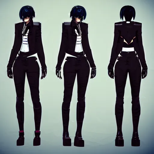 Prompt: 3D concept art of a classy cyberpunk woman wearing streetwear and futuristic clothing, black hair bangs, videogame concept art, in the style of valorant character arts,