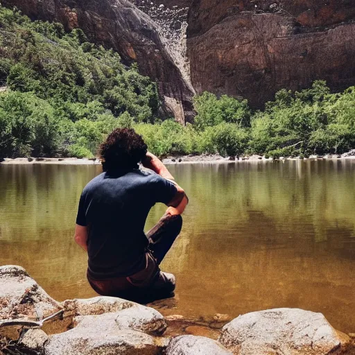 Image similar to a caveman kneeling down at a river, an looking at his own reflection