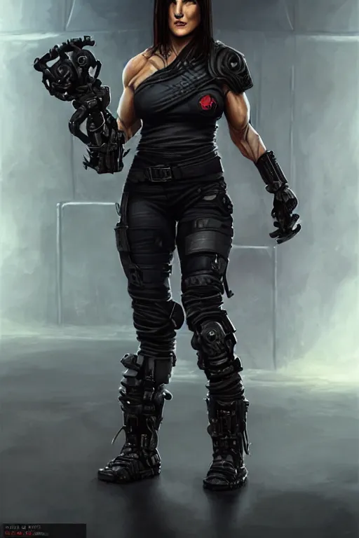 Image similar to gina carano as an ork with cybernetic left arm, casual black clothing, muscular, realistic proportions, casual pose, large portrait, sci - fi, shadowrun, rpg character, digital painting, artstation, concept art, smooth, 8 k frostbite 3 engine, ultra detailed, art by artgerm and greg rutkowski and magali villeneuve