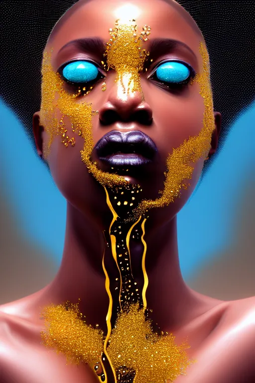 Prompt: hyperrealistic precisionist cinematic profile very expressive! black oshun goddess, in water! up to shoulders, mirror dripping droplet!, gold flowers, highly detailed face, digital art masterpiece, smooth eric zener cam de leon, dramatic pearlescent turquoise light on one side, low angle uhd 8 k, shallow depth of field, editorial photography