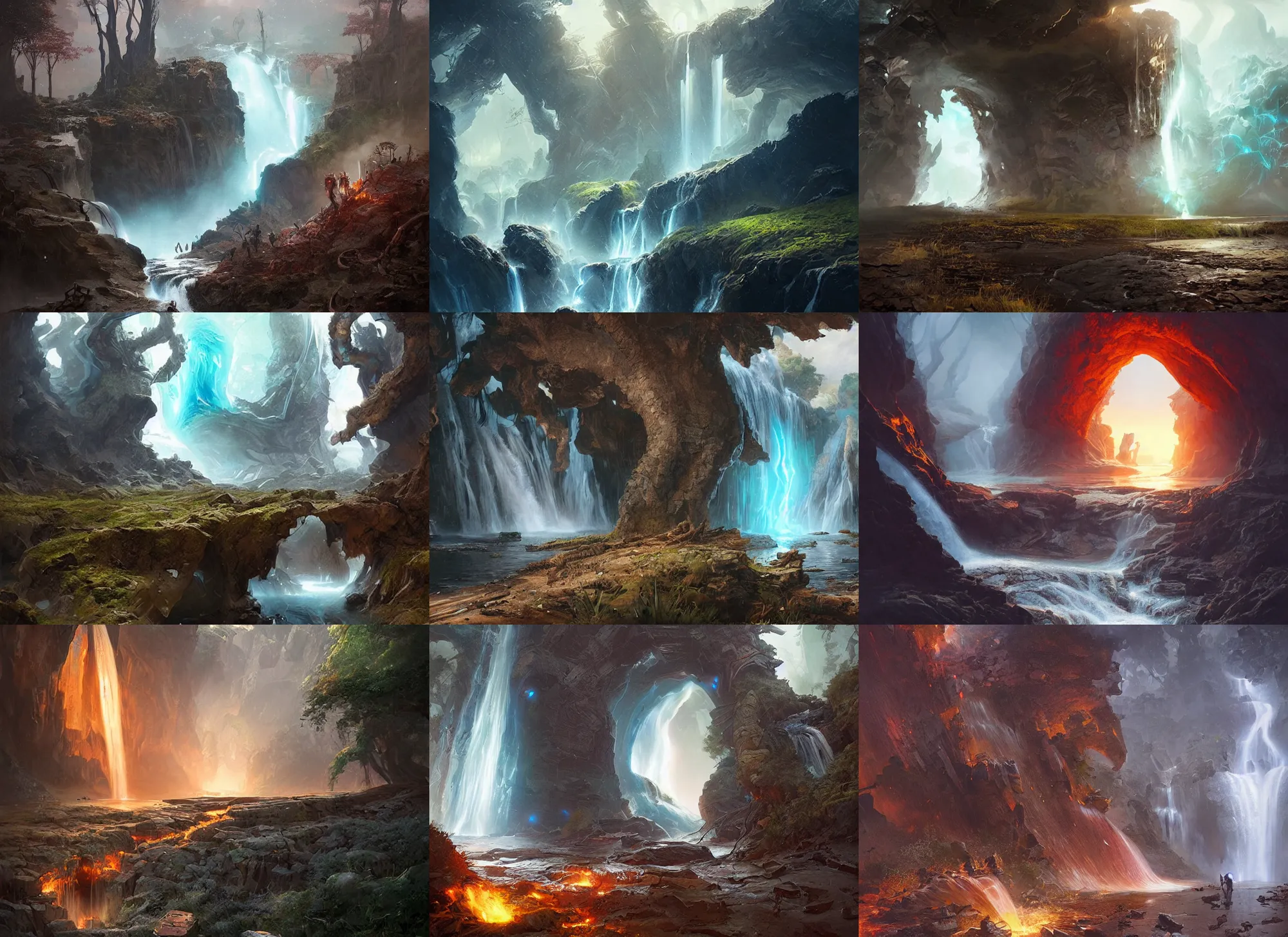 Prompt: A liquid portal opening to another dimension, scorched earth, waterfalls by Raoul Vitale and Greg Rutkowski