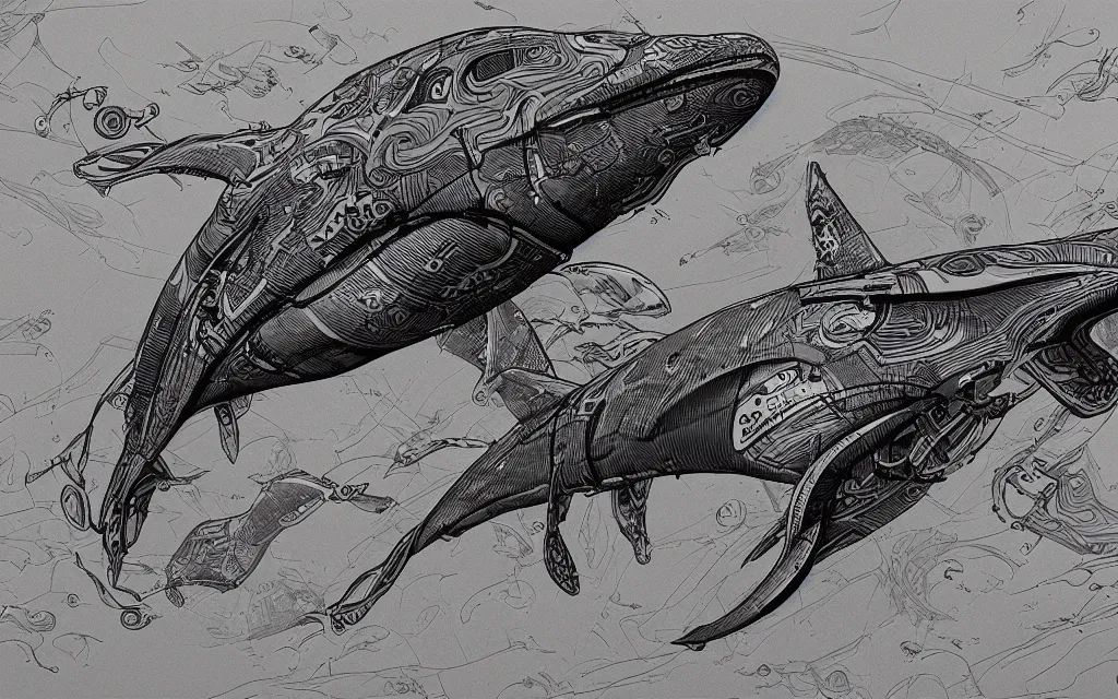 Prompt: biomechanical flying whale, in the style of james jean and laurie greasley, dynamic composition, dramatic lighting, hyperrealistic, ultra detailed, nitro colors