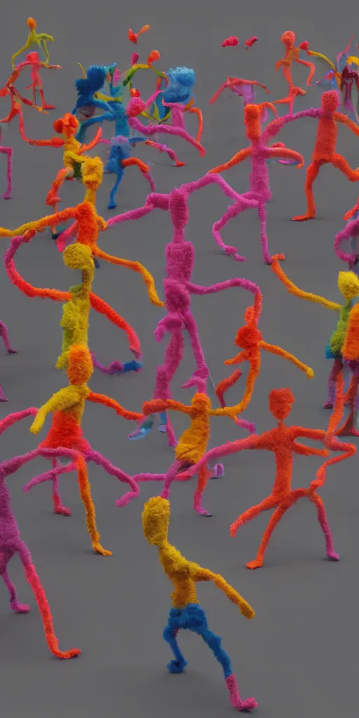 Prompt: group of giant sakura-colored people dancing made out of fluffy pipecleaners in the style of Jean-Michel Basquiat, 3D cinematic lighting, spotlight at a 90 DEGREE ANGLE, photorealism, octane render, depth of field, 8k, 35mm, artgem, Trending on artstation