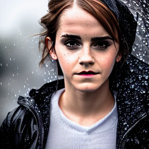 Image similar to Emma Watson standing outside in the rain, sad, modelsociety, radiant skin, huge anime eyes, RTX on, perfect face, directed gaze, intricate, Sony a7R IV, symmetric balance, polarizing filter, Photolab, Lightroom, 4K, Dolby Vision, Photography Award