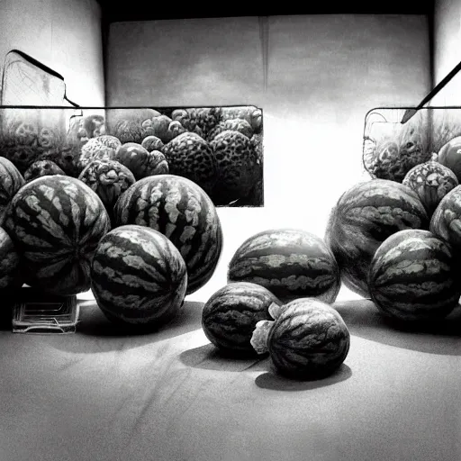 Image similar to the future is nothing like the past, just more watermelons, watermelons, watermelons, recursive, in the style of grand chamaco and stanley kubrick, inspired by james brown, photorealistic, epic, super technical, black and white, cinematic still