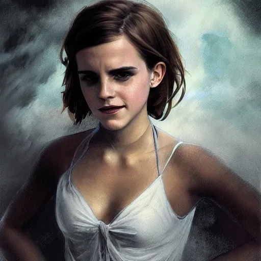 Image similar to Very funny Emma Watson looking like an old monkey, colorful painting on grey scale face, powerful , magic, thunders, dramatic lighting, intricate, wild, highly detailed, digital painting, artstation, concept art, smooth, sharp focus, illustration, art by artgerm and greg rutkowski and alphonse mucha, footage