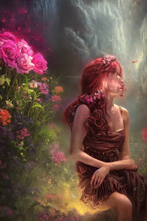Prompt: oil painting, rich deep colors masterpiece, gray, pink, ultra detailed, beautiful fantasy cave scene, contrast, firefly lights, water drops, rocks, in the distance redheaded flower girl and dress of flowers, butterfly flowers, roses, lilies, volumetric light, neon signs, atmospheric lighting, dramatic, cinematic, steampunk, moody, octane render 4 k, 8 k