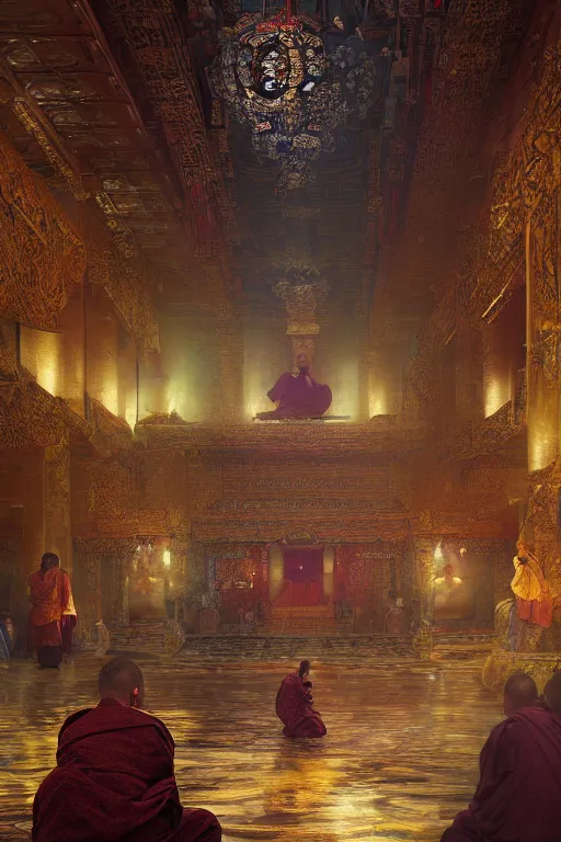 Prompt: inside a Tibetan monastery, powerfull, intricate, elegant, volumetric lighting, digital painting, highly detailed, artstation, sharp focus, illustration, concept art, ruan jia, steve mccurry