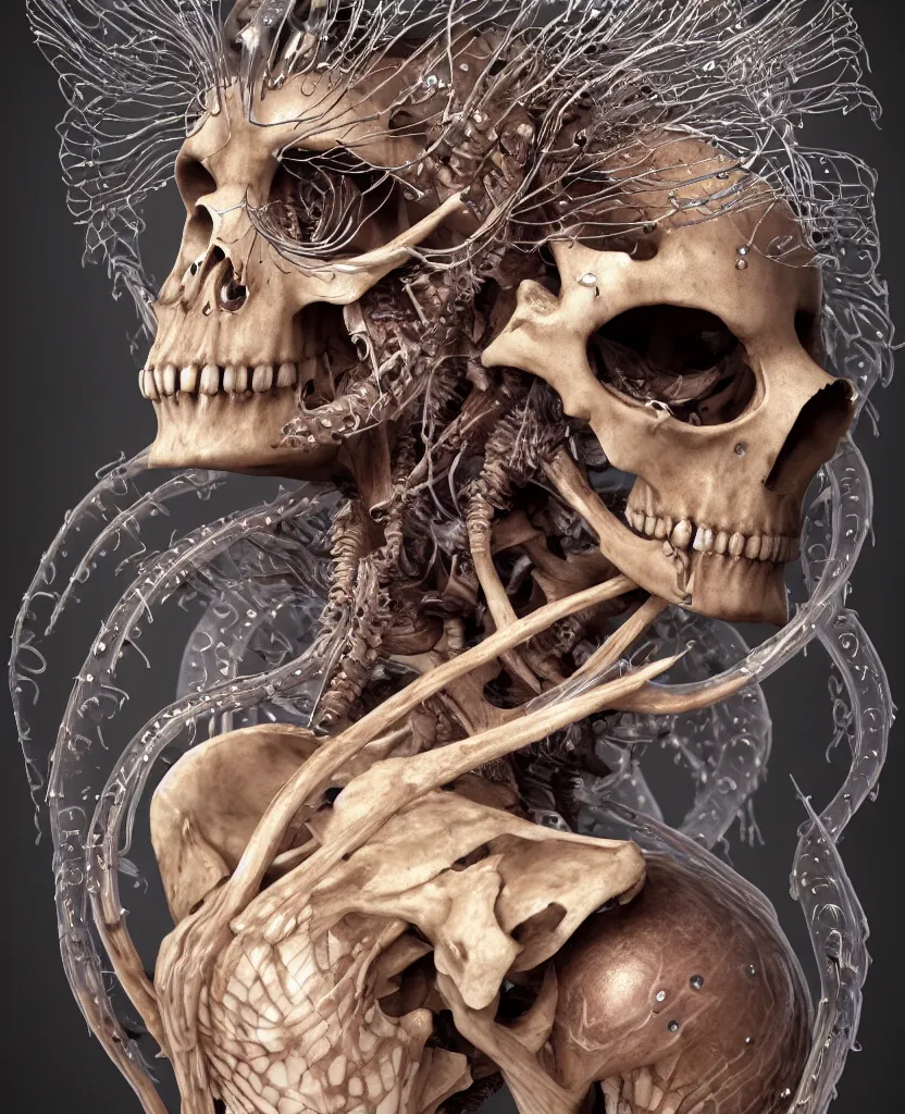 Image similar to close-up macro portrait of the face of a beautiful princess with animal skull mask and ribcage, skeleton epic angle and pose, symmetrical artwork, 3d with depth of field, blurred background, cybernetic jellyfish female face skull phoenix bird, translucent, nautilus, energy flows of water and fire. a highly detailed epic cinematic concept art CG render. made in Maya, Blender and Photoshop, octane render, excellent composition, cinematic dystopian brutalist atmosphere, dynamic dramatic cinematic lighting, aesthetic, very inspirational, arthouse. y Greg Rutkowski, Ilya Kuvshinov, WLOP, Stanley Artgerm Lau, Ruan Jia and Fenghua Zhong