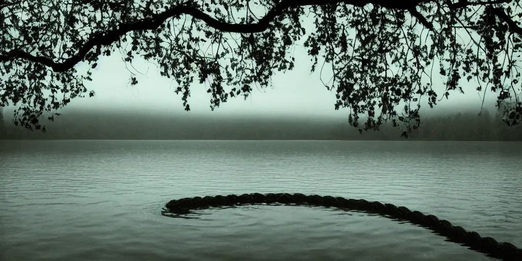 Image similar to symmetrical photograph of a very long rope on the surface of the water, the rope is snaking from the foreground towards the center of the lake, a dark lake on a cloudy day, trees in the background, moody scene, dreamy kodak color stock, anamorphic lens