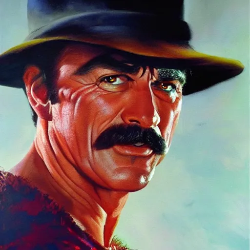 Image similar to ultra realistic portrait painting of tom selleck as freddy krueger, art by frank frazetta, 4 k, ultra realistic, highly detailed, epic lighting