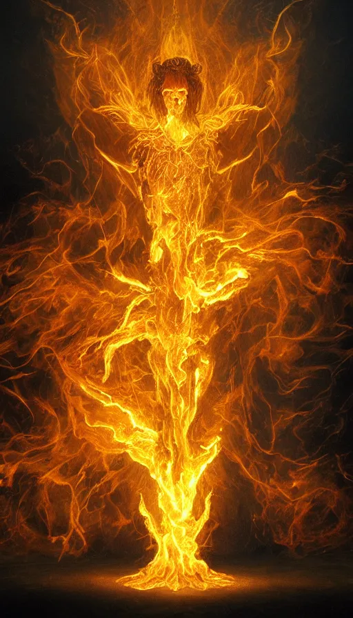 Prompt: a surreal painting of a god made of golden fire, volumetric lighting