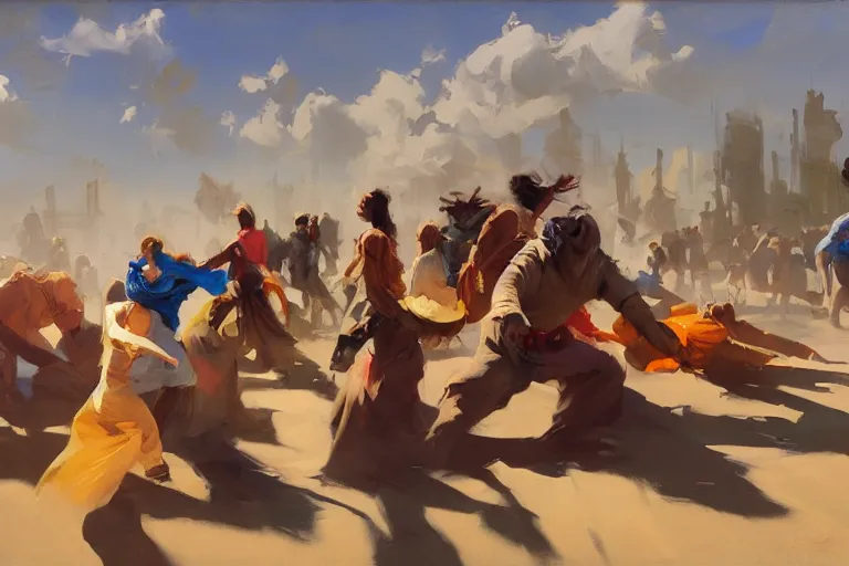 Image similar to greg manchess painting of people dressed in rags tripping over each other in an arena, profile picture, organic painting, sunny day, matte painting, bold shapes, hard edges, street art, trending on artstation, by huang guangjian, gil elvgren, ruan jia, randy vargas, greg rutkowski