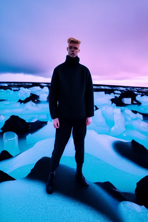 Prompt: high quality pastel coloured film wide angle selfie photograph of an male cyber model standing in an icelandic black rock environment. three point light. photographic. art directed. pastel colours. volumetric light. stark. waves glitch. 8 k. filmic.