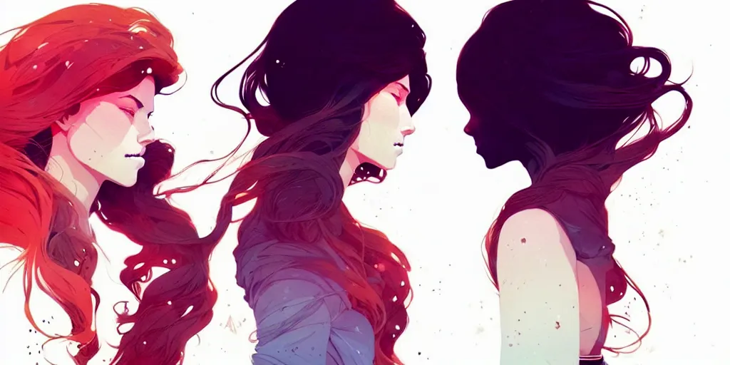 Image similar to a ultradetailed beautiful panting of two stylish woman with flowing hair standing back to back, by conrad roset, greg rutkowski and makoto shinkai, trending on artstation