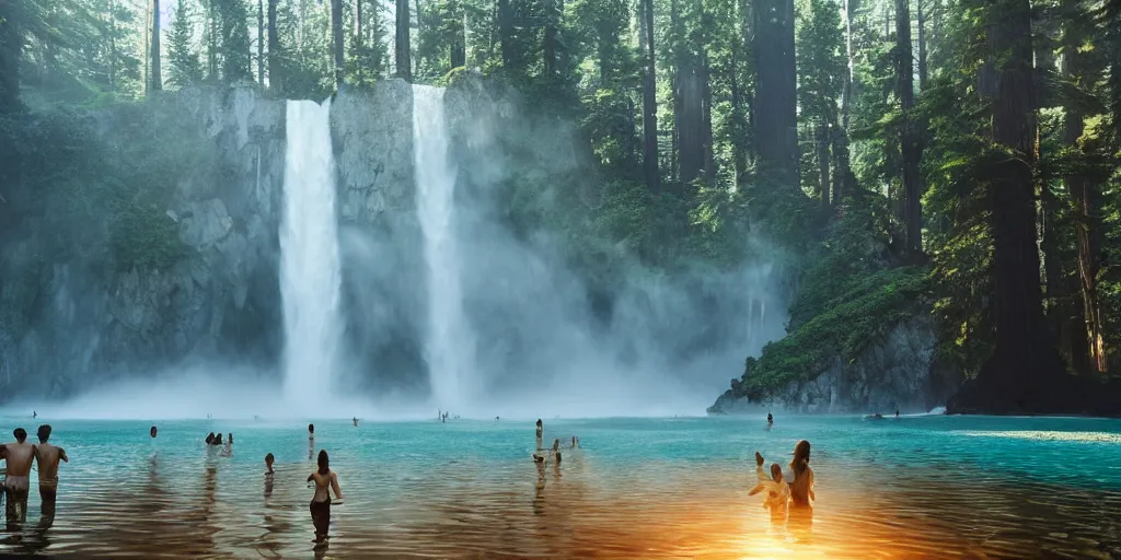 Prompt: distant figures swimming in a waterfall lagoon surrounded by redwood trees during golden hour by sapna reddy, cinematic forest lighting, hyperdetailed, in volumetric soft glowing mist, elegant pose, movie still, real life landscape