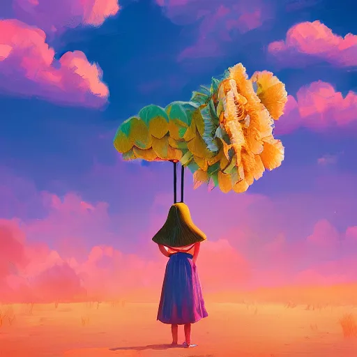 Image similar to girl with a giant carnation head, surreal photography, flower field, sunset dramatic light, impressionist painting, colorful clouds, blue sky, digital painting, artstation, simon stalenhag