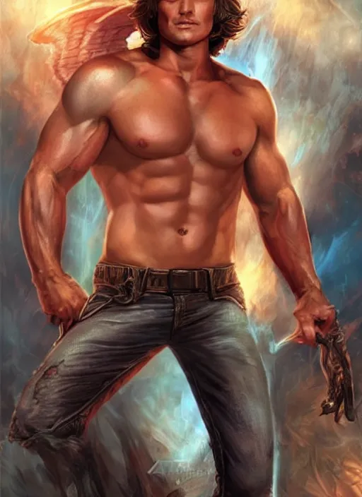 Prompt: handsome Sam Winchester as a muscular angel handcuffed, urban fantasy romance book cover, D&D!, fantasy style, sharp focus!, ultra detailed, art by Artgerm and Peter Andrew Jones, WLUP
