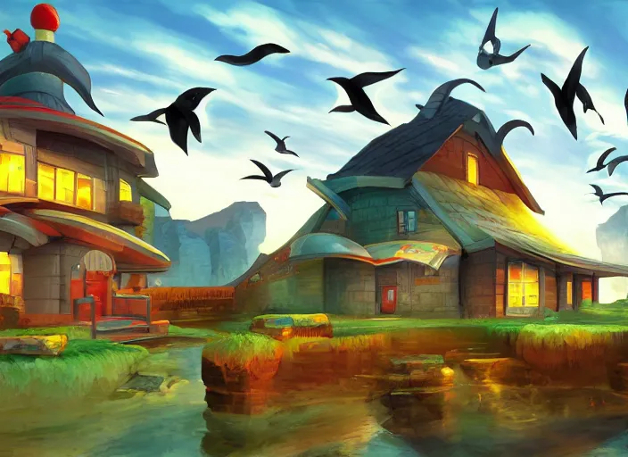 Prompt: in - game screnshot, nintendo 6 4 concept art of a penguin house, artgerm, rutkowski, tooth wu, beeple, and intricate