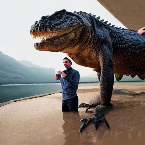 Prompt: photo of a man talking to a huge crocodile while having coffee, award - winning photograph, national geographic, high definition, trending on facebook, 8 k