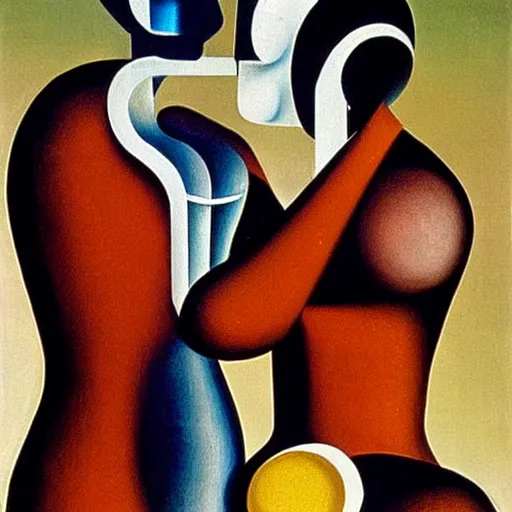 Image similar to Oil painting by Oskar Schlemmer. Two mechanical gods kissing. Dali.