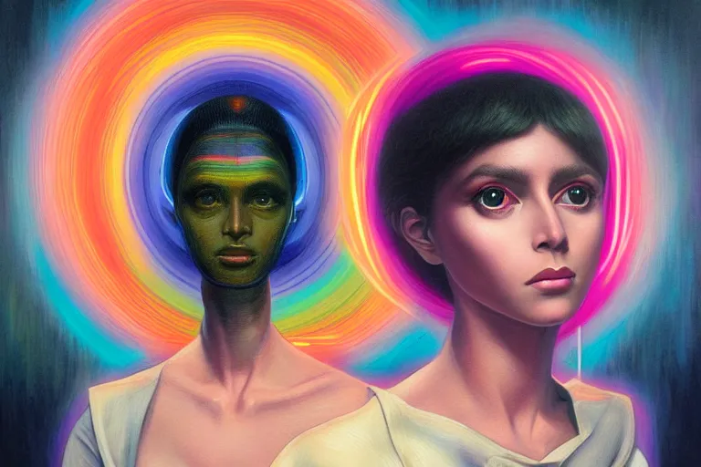 Image similar to patron saint of 🛸🌈👩🏾, futuristic clothing, neon god of city character portrait, in the style of margaret keane, moebius, tom bagshaw, and waterhouse, cinematic lighting, beautiful, elegant, oil painting,