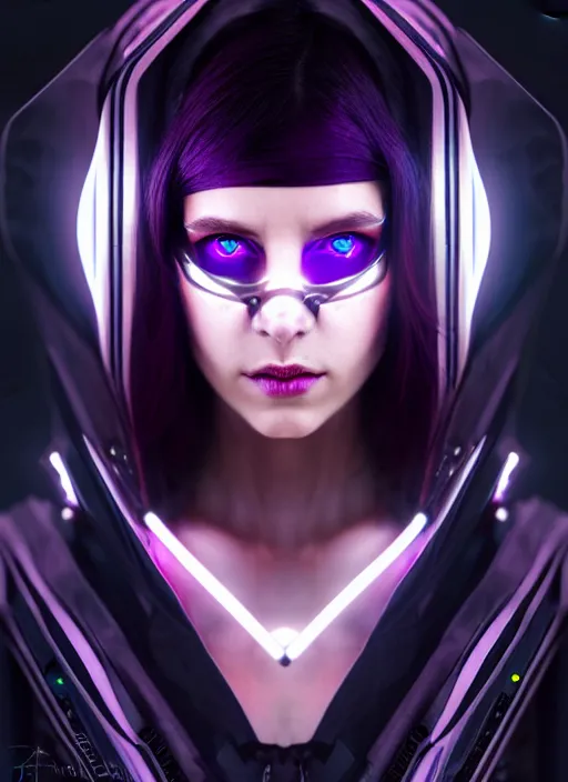 Image similar to symmetry portrait of a very beautiful caucasian young cyberpunk woman with dark purple hair wearing a mask, sci - fi, tech wear, glowing lights intricate, elegant, highly detailed, digital painting, artstation, concept art, smooth, sharp focus, illustration, art by artgerm and greg rutkowski and alphonse mucha