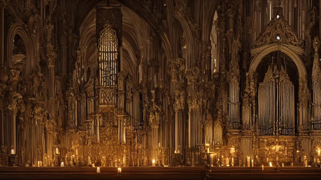 Image similar to a complex ancient pipe organ cathedral interior, 4 k, stone pews, skulls, giant alembic, candle lighting, octane render, natural color scheme, architectural photography, f 3 2, still from movie by guillermo del toro