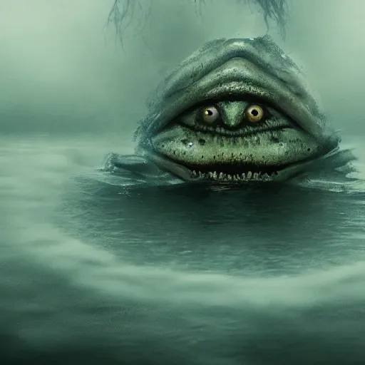 Image similar to sea monster about to eat pov underwater, pale skin, dark yellowish water, foggy water, dark, dramatic,'silent hill ', big eyes, alluring and terrifying, whole body cinematic