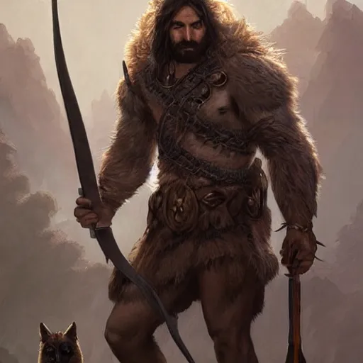 Prompt: portrait of a gruff ranger holding a spear, accompanied by a wolf dog, muscular, upper body, hairy body, D&D, fantasy, intricate, elegant, highly detailed, digital painting, artstation, concept art, matte, sharp focus, illustration, art by Artgerm and Greg Rutkowski and Alphonse Mucha