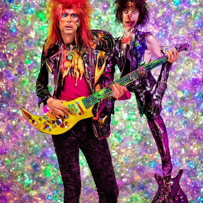 Image similar to high fashion photoshoot octane render portrait by wayne barlow and carlo crivelli and glenn fabry, a psychedelic werewolf guitar player wearing a colorful bright velvet and rhinestone glam rock outfit and holding a futuristic clear plastic fender guitar inside a futuristic beautiful boutique fantasy hotel lobby, very short depth of field, bokeh