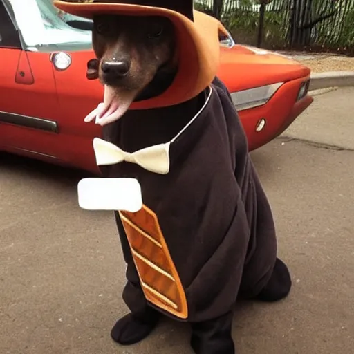 Prompt: A dog dressed as a mob boss smokes a cigar