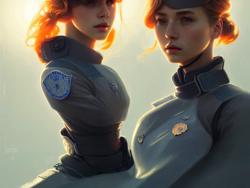 Image similar to portrait futuristic netherlands police uniform girl, at future neon light rooftop, ssci - fi and fantasy, intricate and very very beautiful and elegant, highly detailed, digital painting, artstation, concept art, smooth and sharp focus, illustration, art by tan zi and ayanamikodon and alphonse mucha and wlop