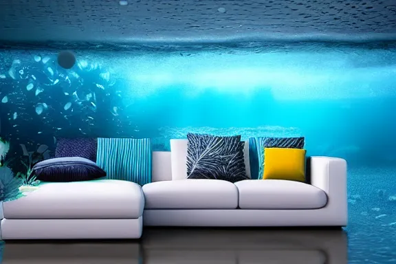 Prompt: a living room under water