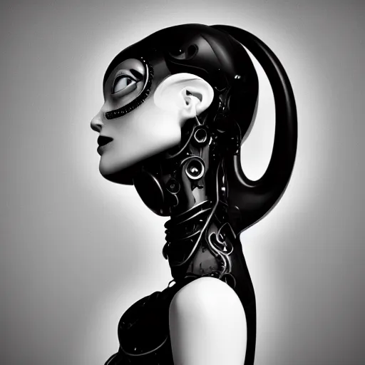 Image similar to black and white dreamy foggy smoky profile face portrait, single skeletal biomechanical beautiful young female cyclops - cyborg - robot bust, body ribs meshes,, volumetric light, rim light, by dora maar and cecile beaton, big gothic fashion pearl embroidered collar, 8 k