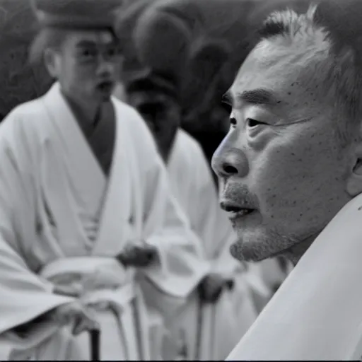 Image similar to cinematic film still of PontiacMadeDDG starring as a Japanese Sensei with fire, Japanese CGI, VFX, 2003, 40mm lens, shallow depth of field, film photography