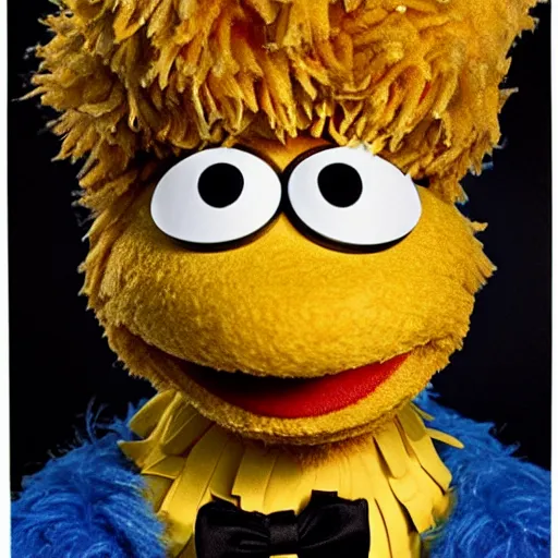 Prompt: a hyperrealistic portrait of the sesame street bert wearing a white lawyer's wig in a courtroom with a black unibrow and a black gawn, fuji film, intricate details. believable eyes. front on, symmetrical. head to shoulders shot.