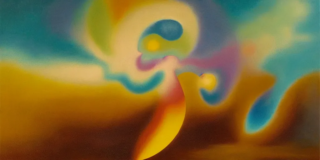 Image similar to the inner structure of quantum reality waves. Oil on canvas. Modern painting. Agnes Pelton. Zao Wou-ki. Dali.