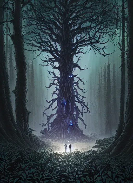 Image similar to evil tree in a dark forest by dan mumford, yusuke murata, makoto shinkai, ross tran, cosmic, intricate detail, cinematic, 8 k, cel shaded, unreal engine, featured on artstation, pixiv