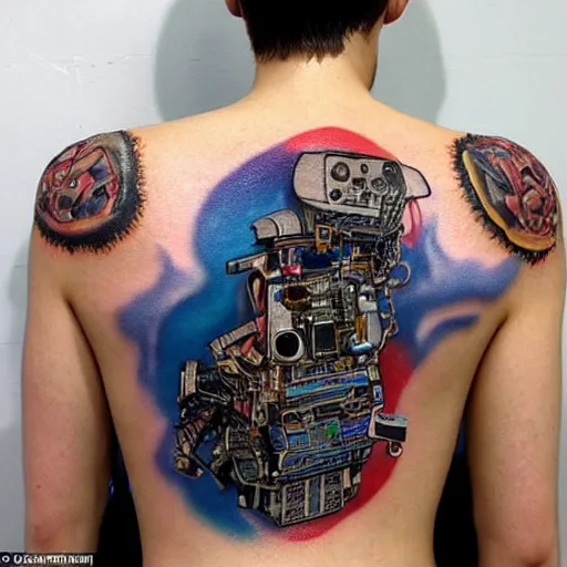 Prompt: backside on the shoulders is a tattoo of a 3 d hole in the skin with soft multicolored 3 d robotic mechanics and glowing computerparts and cables inside under the skin, insanely integrate,