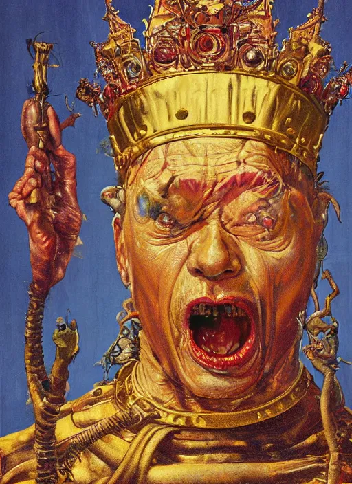 Prompt: realistic detailed image of crowned king on a golden throne in the style of Francis Bacon, Surreal, Norman Rockwell and James Jean, Greg Hildebrandt, and Mark Brooks, triadic color scheme, By Greg Rutkowski, in the style of Francis Bacon and Syd Mead and Edward Hopper and Norman Rockwell and Beksinski, open ceiling, highly detailed, painted by Francis Bacon, painted by James Gilleard, surrealism, airbrush, Ilya Kuvshinov, WLOP, Stanley Artgerm, very coherent, art by Takato Yamamoto and James Jean