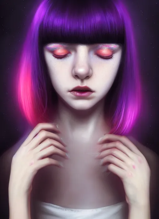 Image similar to portrait of teenage girl with white bangs, red irises, black hair, purple clothes, white bangs, bangs are different color from hair, intricate, front of hair is white rest is black, elegant, glowing lights, highly detailed, digital painting, artstation, concept art, smooth, sharp focus, illustration, art by wlop, mars ravelo and greg rutkowski