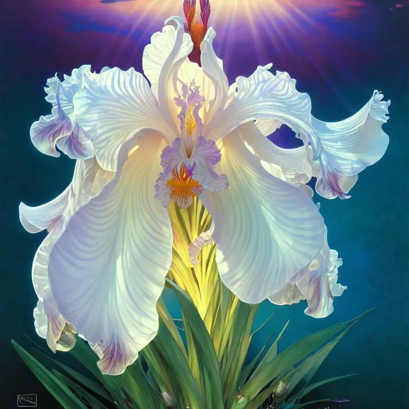 Image similar to detailed giant white holographic orchid iris hybrid flower surrounded by ocean waves, lsd water, lsd ripples, droplets, backlit, sunset, refracted lighting, art by collier, albert aublet, krenz cushart, artem demura, alphonse mucha