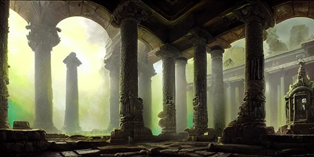 Image similar to beautiful hyperrealistic spectacular painting of the mysterious intricate ruins of the mysterious ancient temple, an advanced alien technology timemachine with a green glowing crystal from the future is inside the temple, by hubert robert and lee madwick and bastien lecouffe deharme, dramatic moonlight lighting, advanced technology