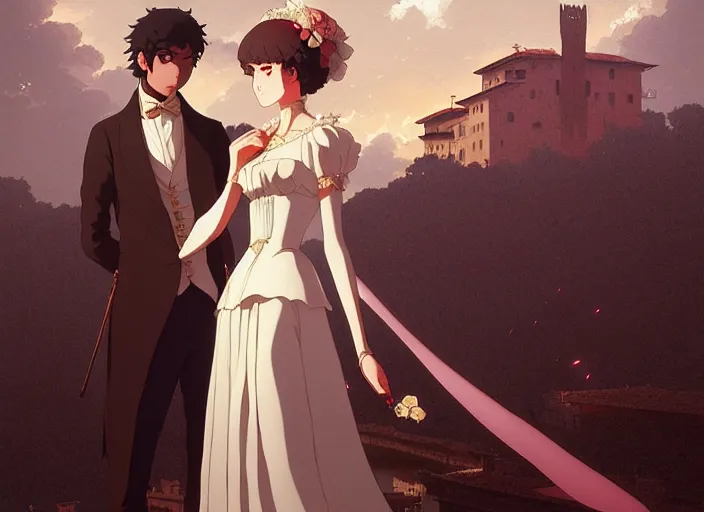 Prompt: wealthy couple william and fanny nightingale, honeymoon in florence italy 1 2 may 1 8 2 0, delicate features finely detailed perfect art, gapmoe yandere grimdark, trending on pixiv fanbox, painted by greg rutkowski makoto shinkai takashi takeuchi studio ghibli