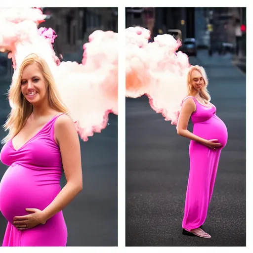 Prompt: a beautiful blonde pregnant woman, in front of 9 / 1 1 with pink smoke, 1 2 0 mm, clear details, award winning