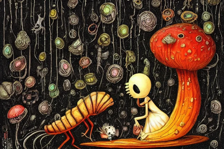 Image similar to Alice meets a Caterpillar that teaches her to eat mushroom to control her size, biomechanoid, sci-fi, dramatic, art style Megan Duncanson and Benjamin Lacombe, super details, dark dull colors, ornate background, mysterious, eerie, sinister