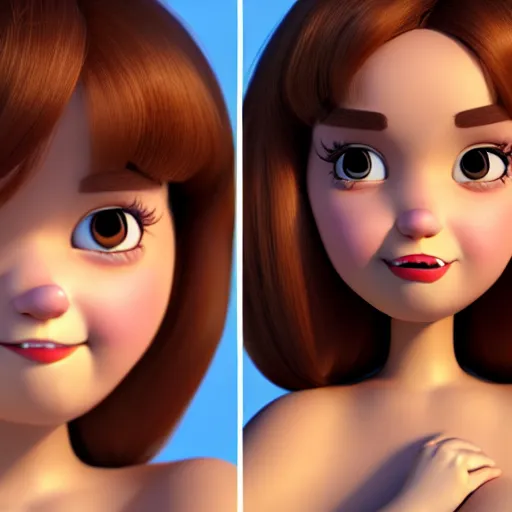Prompt: A portrait of a curvy plump woman, a cute 3d cgi toon woman with brown hair in a Bob, no bangs, brown eyes, full face, olive skin, romanian heritage, medium shot, mid-shot, 8k, trending on artstation, as a Pixar character