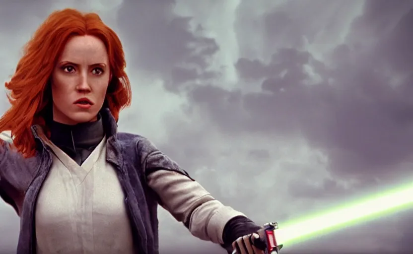 Image similar to screenshot of Jedi Mara Jade, played by the beautiful Julian Moore, holding a blue lightsaber in right hand, iconic scene from 1980s film by Stanley Kubrick, 4k, windy hair, cinematic still frame, surreal sci fi set design, photoreal, detailed face, moody storm lighting, stunning cinematography, hyper detailed, sharp, anamorphic lenses, kodak color film stock